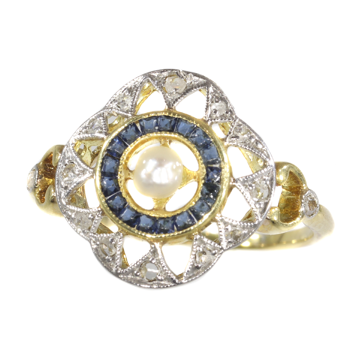 Art Deco - Belle Epoque ring with diamonds sapphires and a pearl